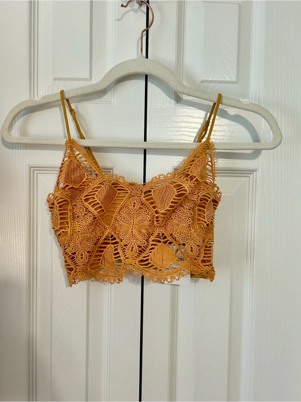 Crochet Lace Crop Bralette in Mustard - Women's Spaghetti Strap Top